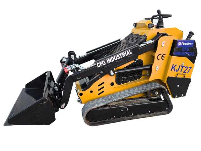 CFG Industrial KJT27 tracked mini skid steer, yellow, with bucket attachment and Perkins diesel engine