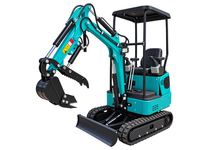 CFG KV16R mini excavator, front-quarter view with boom extended, bucket and thumb attachment, dozer blade lowered