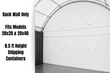 White fabric back wall inside a container shelter, arched steel frame and half-moon vent cutouts