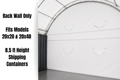 White fabric back wall inside a container shelter, arched steel frame and half-moon vent cutouts