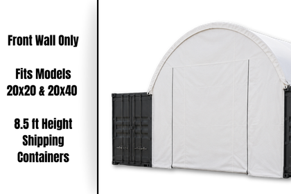 White arched container shelter end with fabric front wall and zip door, on a gray shipping container