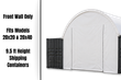 White arched container shelter end with fabric front wall and door panel, on a gray shipping container