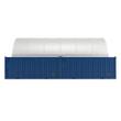 White 10oz PE arched roof shelter spanning two blue shipping containers