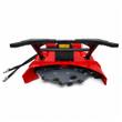 Red disc mulcher, front: cutting wheel with bolt-on teeth, twin hydraulic hoses, skid steer quick-attach plate