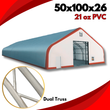 Marketing graphic: 50x100x26 21oz PVC dual-truss building render with an inset of the welded truss joint