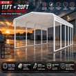 Spec banner: 11x20 all-steel carport, white roof structure with frame and anchor feature icons
