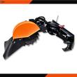 Wolverine stump grinder attachment, side view: orange guard over the cutting wheel, debris shield, hydraulic cylinder