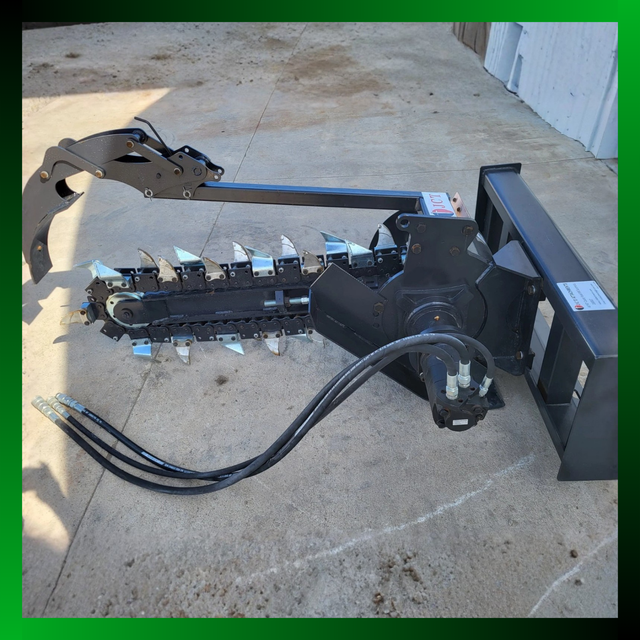 JCT hydraulic trencher parts: quick-attach bracket, cutting chain, auger, crumber arm, and hoses.