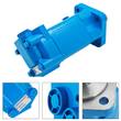 Blue hydraulic orbital motor with nameplate, port adjusters and 4-bolt flange, plus three close-up views