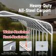 Feature graphic: steel carport roof seam, waterproof strip and bolt details, water-resistant claims