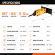 Wolverine ZW-750 hydraulic hammer spec chart: 68.3 in long, 45.6 in wide, 12-22 GPM oil flow