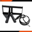 Tree and post puller with serrated jaws, hydraulic cylinder, and long quick-connect hoses on a quick-attach frame