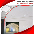 Promo graphic: back wall with vents, 8.5 ft height, fits a 20x20 container shelter, vent flaps shown