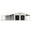 Gray steel car garage with open lean-tos on both sides, roll-up doors and a window
