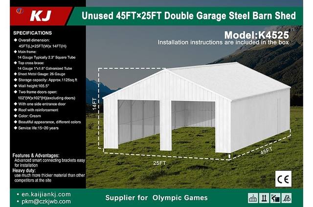 Spec banner for the KJ K4525 45x25x14 double garage steel barn shed with specifications and dimensions