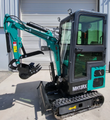 Teal MH13RX mini excavator with curled toothed bucket and thumb, glass cab, dozer blade and rubber tracks