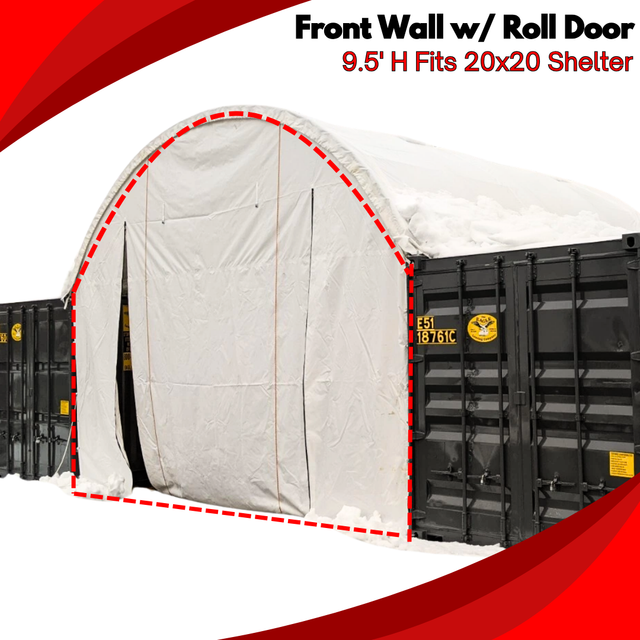 Promo graphic: front wall with roll door, 9.5 ft height, fits a 20x20 container shelter, outlined in red