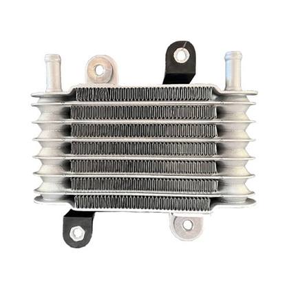Aluminum finned engine oil cooler with two hose inlets and black mounting brackets