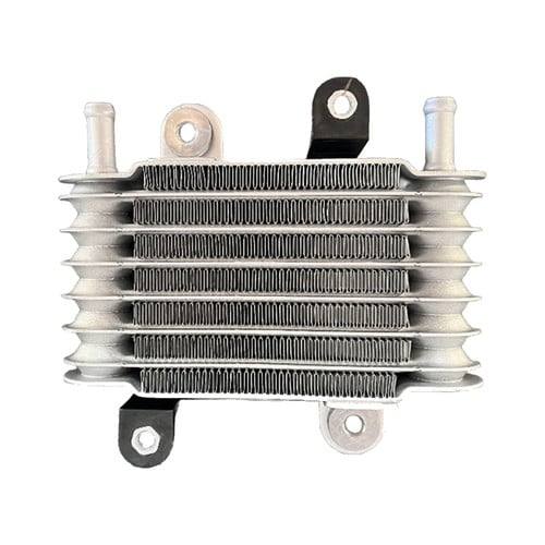 Aluminum finned engine oil cooler with two hose inlets and black mounting brackets