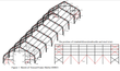 Frame sketch of the 40x80x21 trussed shelter: dual truss arches, purlins, and the turnbuckle wind stabilizer positions