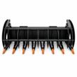 78-inch rock grapple bucket, front view: eight tines with orange bolt-on teeth below two curved grapple arms