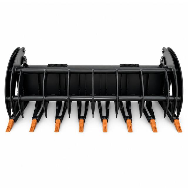 78-inch rock grapple bucket, front view: eight tines with orange bolt-on teeth below two curved grapple arms