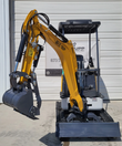 IRE18P mini excavator with raised boom, toothed bucket, hydraulic thumb and gray dozer blade