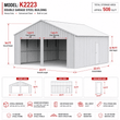 Dimension diagram of the cream 22x23x13 double garage: front and side views with door and height measurements