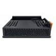 Wolverine rock rake: perforated steel grill panels that sift soil and hold rocks, with the hydraulic drive motor and hoses