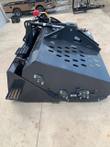 Black hydraulic landscape rake at an angle, slotted hopper deck, quick-attach mount plate with latch levers, hoses on top