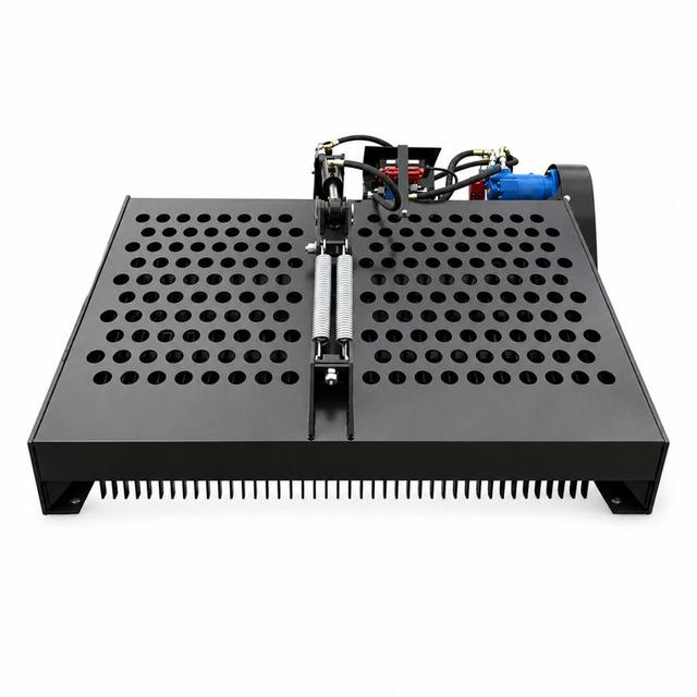AGT landscape rake rock picker: perforated sifting hopper over a full-width tooth bar, hydraulic dump cylinder