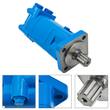 Blue hydraulic orbital motor with close-ups of a port bolt, flange mounting hole and splined shaft end