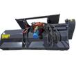 67-inch flail mower from the side: end belt-drive housing, red gearbox, blue hydraulic motor and hoses