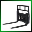 Black mini skid steer pallet forks with headache rack, two tapered tines and safety decals, on white