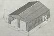 Dimension drawing of the 33x25 steel barn: 398 in long, 300 in wide, 166.5 in tall, two 102 in door bays
