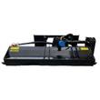AGT flail mower, black steel deck with hydraulic drive motor, quick-connect hoses and yellow safety decals