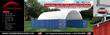 Covermore spec banner: white 15oz PVC container roof shelter over two shipping containers, feature list and dimensions