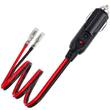 Cigarette lighter plug on a coiled red and black lead with insulated bullet terminals, side angle