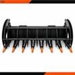 78-inch rock grapple bucket, front view with two curved grapple arms over eight tines with orange bolt-on teeth