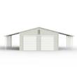 Cream steel car garage rendering: two roll-up doors, gable vent, open lean-tos both sides