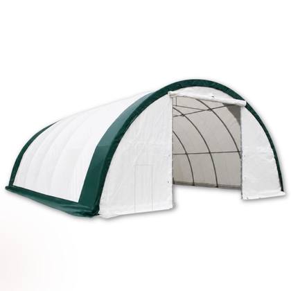 White fabric building with green trim, roll-up door raised to show truss interior