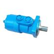 Blue hydraulic motor from the side with two capped ports on top, 4-hole flange and splined shaft