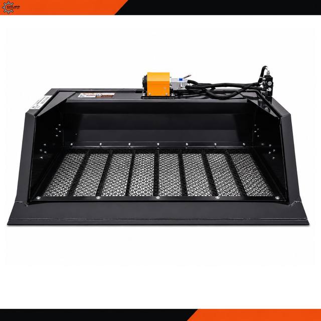 Wolverine 72-inch screening bucket, front view: black bucket with a steel mesh screen floor and an orange hydraulic drive motor mounted on top.