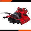 Captok EDM39 excavator disc mulcher, red housing, pin-on mount, folding guard bar and toothed cutting disc