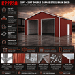 Spec banner: 22x23x13 red-brown double garage shed, two door openings, frame and panel details