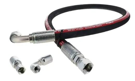 1/2 in wheel motor hose, black with red stripe, 90-degree and straight swivel ends, two spare fittings