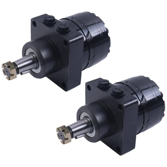 Two black hydraulic wheel motors, 4-bolt square flange, tapered keyed shaft with castle nut