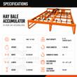 Spec table for the Landhonor HAG-12-24Q hay accumulator: 24 hooks, 8-10 square bales, 88 x 92 x 25in, 760 lbs