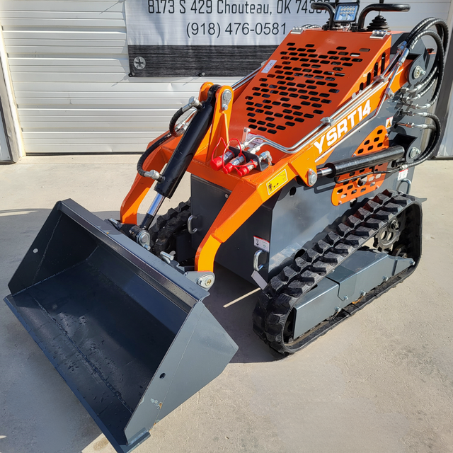 AGT YSRT14 stand-on mini skid steer, orange with gray bucket, rubber tracks, LED work light and YSRT14 decal