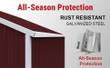 All-season protection graphic: rust-resistant galvanized steel panel close-up, red-brown finish